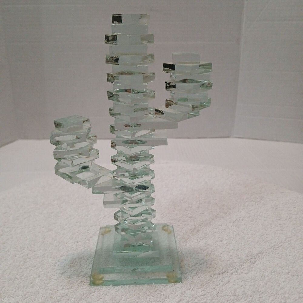 VTG Stacked Art Glass Squares Cactus Figurine Statue Handcrafted in Arizona 7in